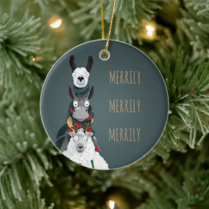 Turquoise "Merrily Merrily Merrily" Winter Animals Ceramic Ornament