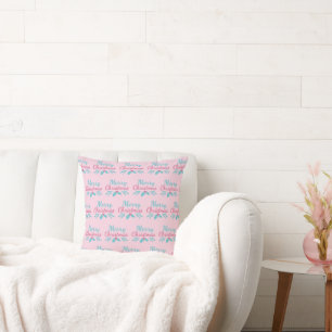 Turquoise Merry Christmas Pastel Pink Festive Gift Throw Pillow