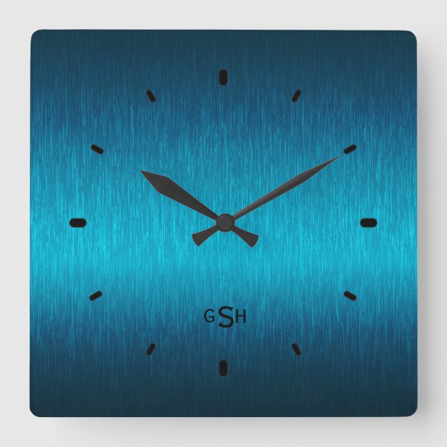 Turquoise Metallic Design Brushed Steel Look Square Wall Clock (Front)