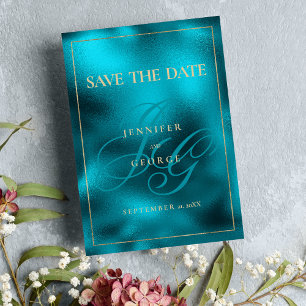 Turquoise metallic monogram initials Save The Date