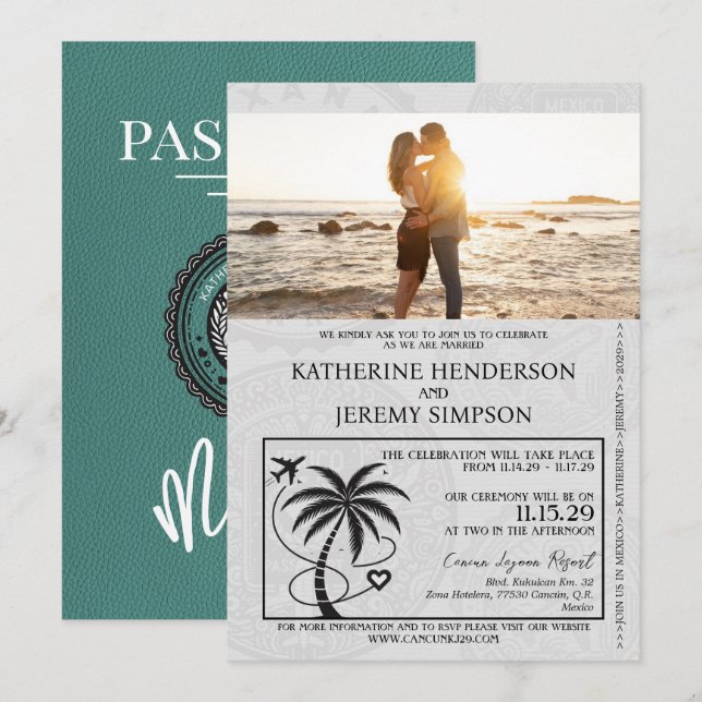 Turquoise Mexico Passport Wedding Invitation (Front/Back)
