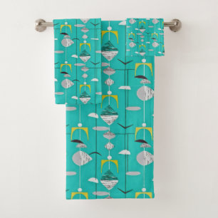 Turquoise Mid Century Modern Boomerang Abstract Bath Towel Set