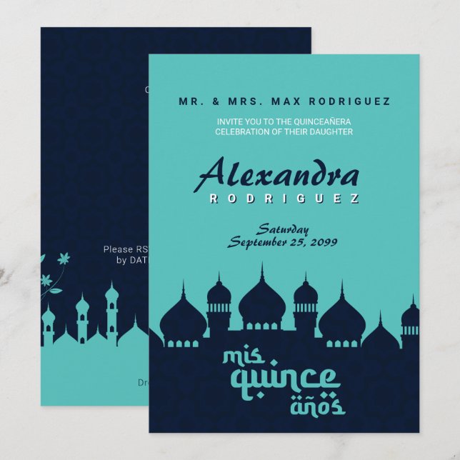 Turquoise Midnight Blue Arabian Nights Quinceañera Invitation (Front/Back)