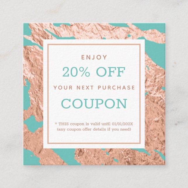  Turquoise Minimalist Luxury Pink Marble Pattern Discount Card (Front)