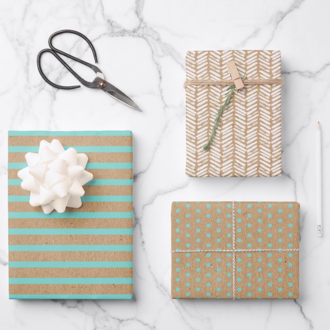 Turquoise Mint Green Lines Faux Rustic Brown Kraft Wrapping Paper Sheet (Front)
