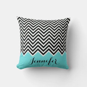 Turquoise mint with black and white Chevron Custom Throw Pillow