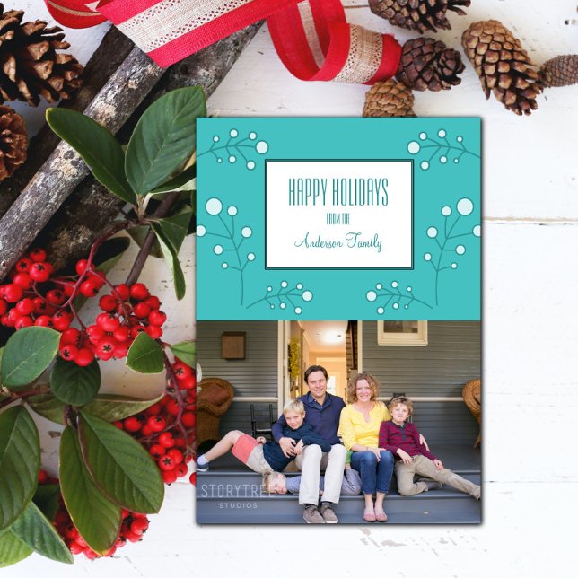 Turquoise Modern Berry Holiday Photo Card (Turquoise Modern Berry Holiday Photo Card)