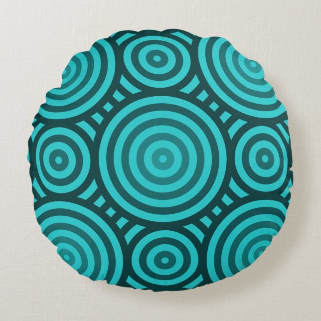 Turquoise Modern Geometric Circle Pattern Round Pillow (Front)