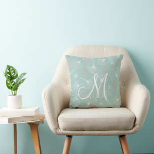 Turquoise Modern Ginkgo Monogram Throw Pillow