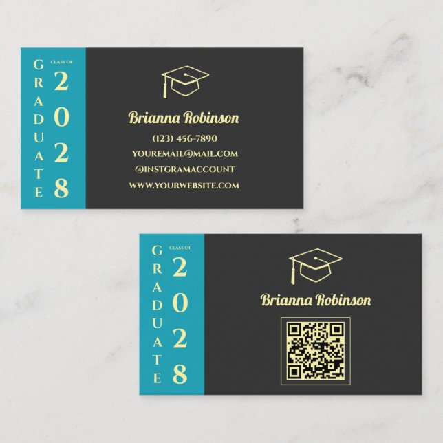 Turquoise Modern Graduation QR Code Name Card (Front/Back)