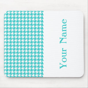 Turquoise Modern Houndstooth with name Mouse Pad