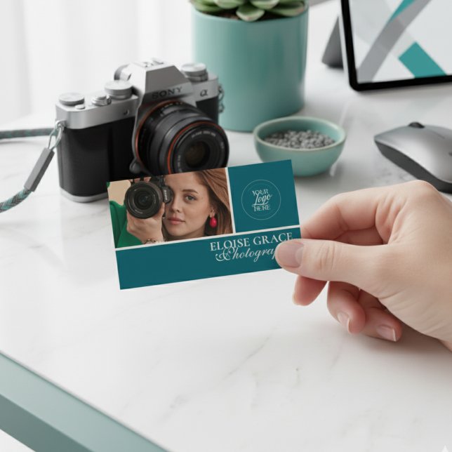 Turquoise Modern Photo Photographer  Business Card (This modern business card features horizontal headshot photo and professional typography!)