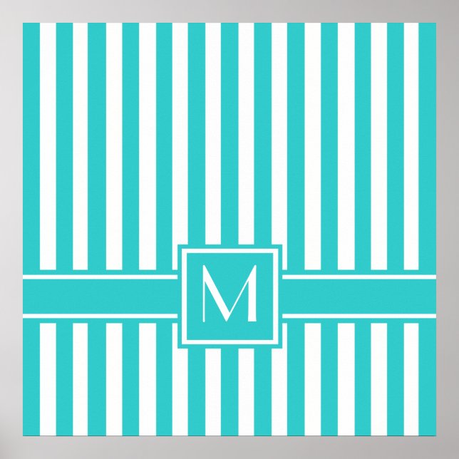 Turquoise Modern Stripe with Monogram Poster (Front)