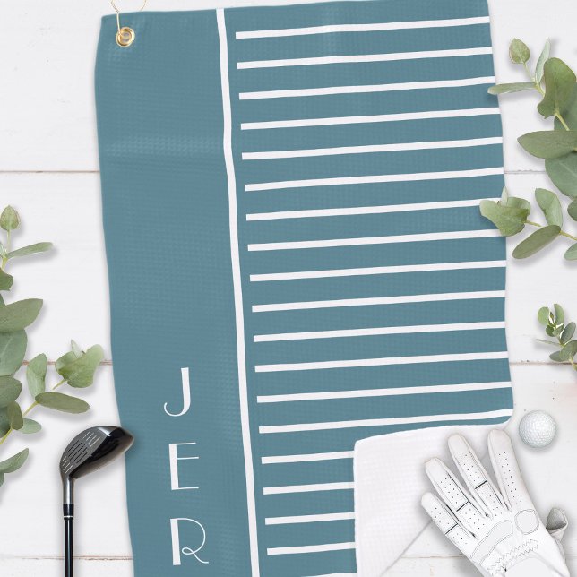 Turquoise Modern Stripes | Golf Custom Initials Golf Towel (Stylish Turquoise Modern Stripes Golfer Custom Monogrammed Initials Golf Towel For Him or For Her)
