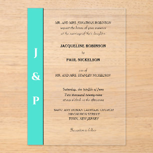 Turquoise Monogram Bride and Groom Clear Acrylic Invitations