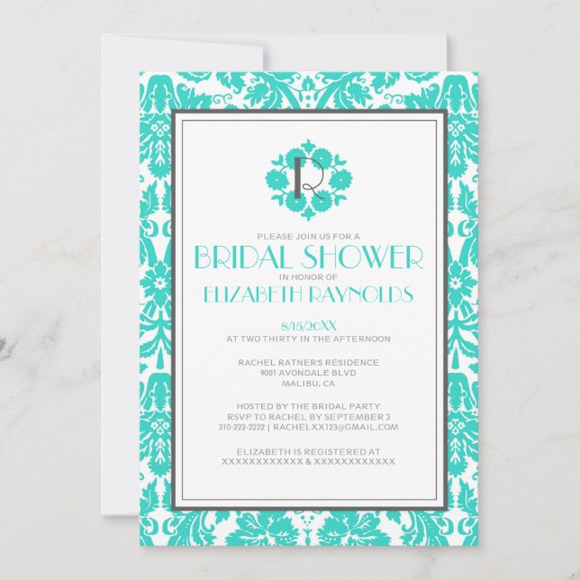 Turquoise Monogram Damask Bridal Shower Invitation (Front)