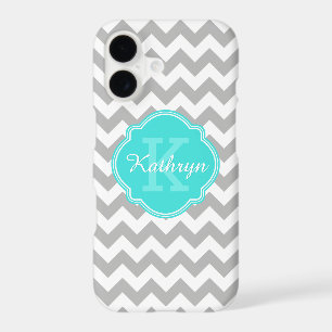 Turquoise Monogram Grey Chevron Pattern