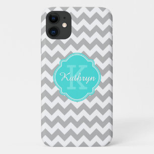 Turquoise Monogram Grey Chevron Pattern iPhone 11 Case