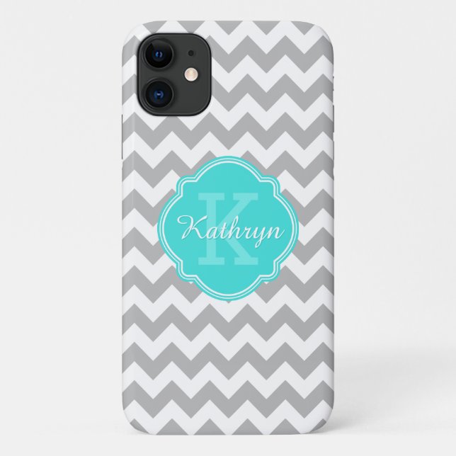 Turquoise Monogram Grey Chevron Pattern Case-Mate iPhone Case (Back)