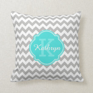 Turquoise Monogram Grey Chevron Pattern Throw Pillow