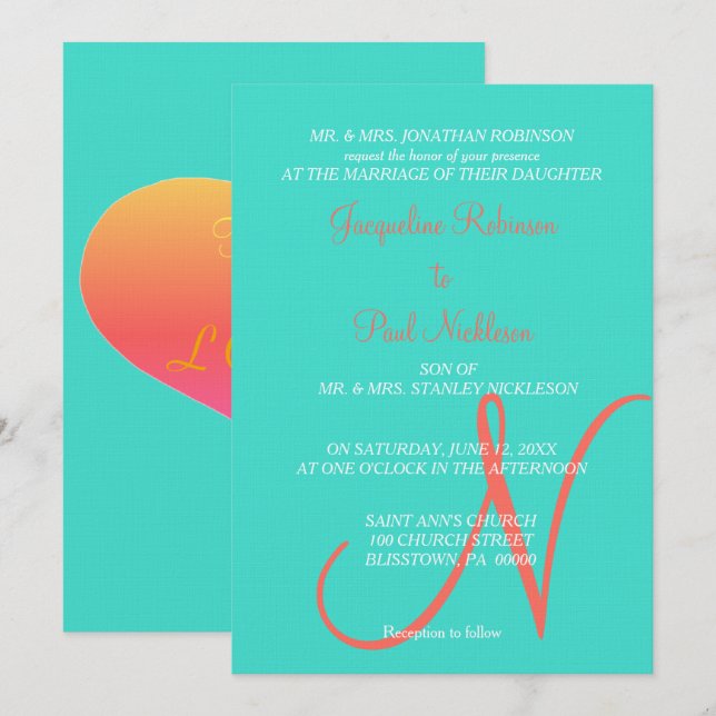 Turquoise Monogram Hearts Invitation (Front/Back)