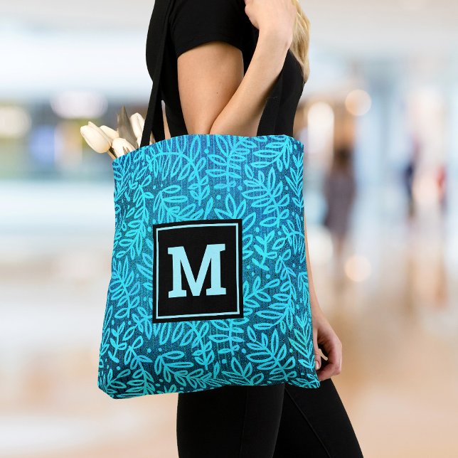Turquoise monogram leaf pattern bold modern custom tote bag (Creator Uploaded)