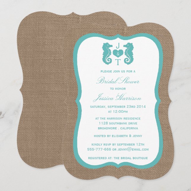 Turquoise Monogram Seahorse Beach Bridal Shower Invitation (Front/Back)