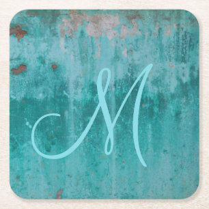 Turquoise Monogram Square Paper Coaster