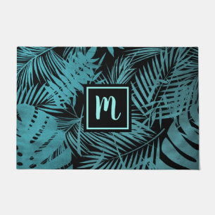 Turquoise monogram tropical palm pattern modern doormat