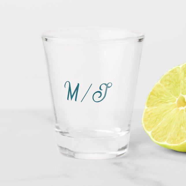 Turquoise monogram wedding couple name simple styl shot glass (Front)