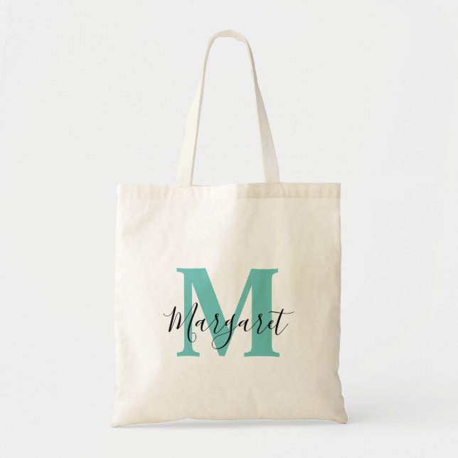 Turquoise Monogramme noir Nom de script Sac fourre (Devant)