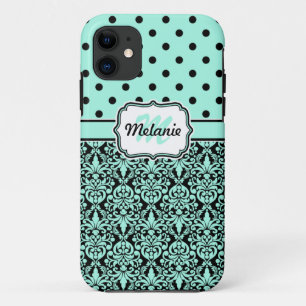 Turquoise Monogrammed Damask Polka Dots Pattern iPhone 11 Case