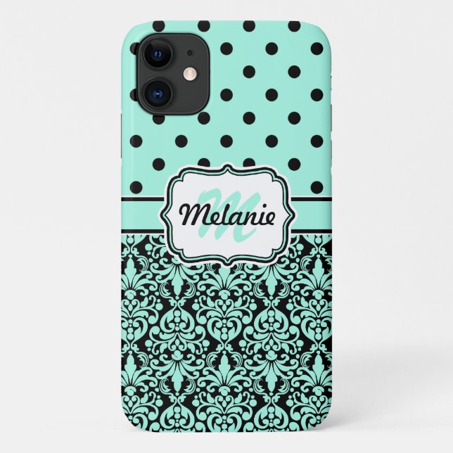 Turquoise Monogrammed Damask Polka Dots Pattern Case-Mate iPhone Case (Back)