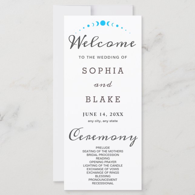 Turquoise Moon Phases White Wedding Program (Front)