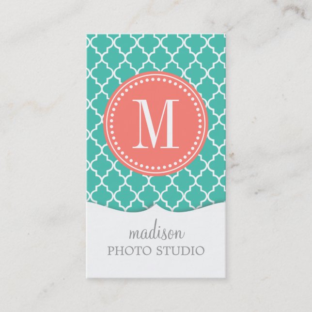 Turquoise Moroccan Tiles Lattice Personalized Business Card (Front)