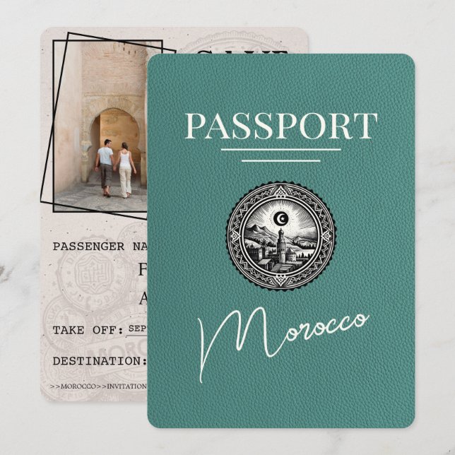Turquoise Morocco Passport Save The Date (Front/Back)