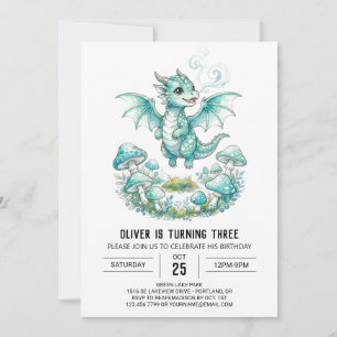 Turquoise Mushroom Dragon Birthday Invitation