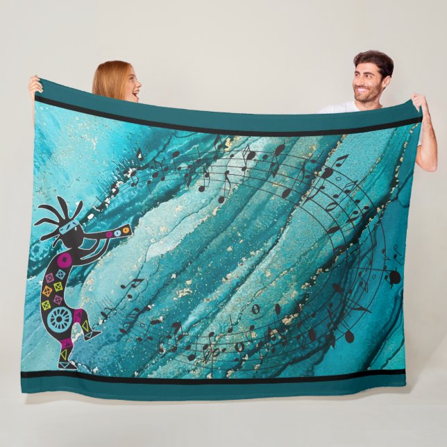 Turquoise Music Notes Kokopelli Fleece Blanket (In Situ)