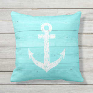 Turquoise nautical anchor outdoor throw pillow