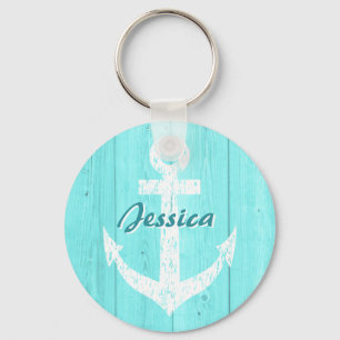 Turquoise nautical boat anchor keychain with name