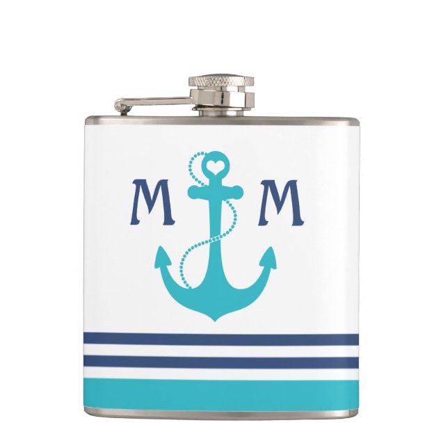 Turquoise Nautical Heart Anchor Hip Flask (Front)