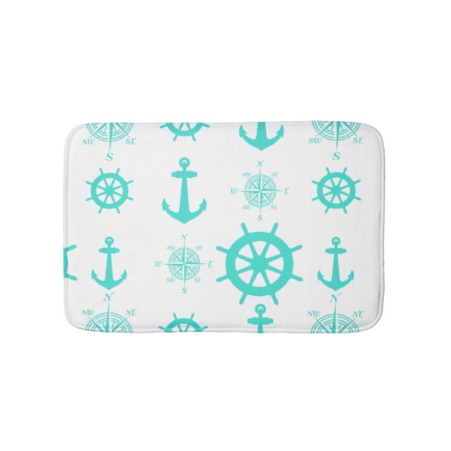 Turquoise Nautical Pattern Bath Mat (Front)