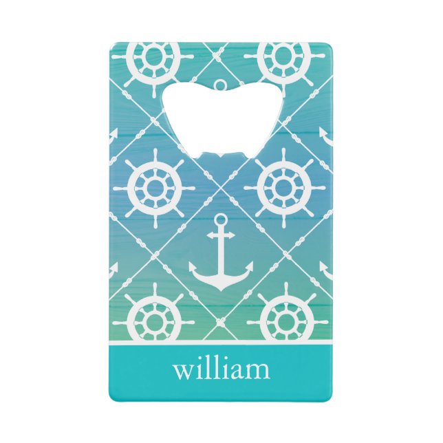 Turquoise Nautical Pattern monogram design Credit Card Bottle Opener (Front)