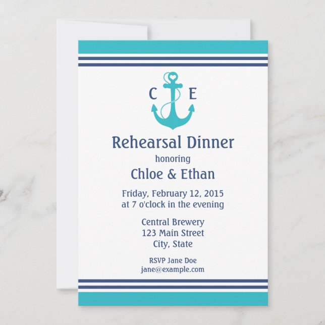 Turquoise Nautical Rehearsal Dinner Invitation (Front)