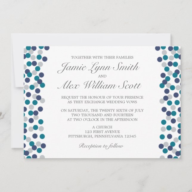 Turquoise Navy Grey Polka Dot Wedding Invitation (Front)