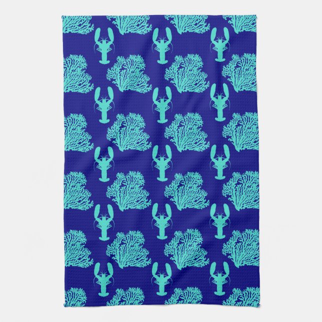 Turquoise Navy Lobster Coastal Pattern Kitchen Towel (Vertical)