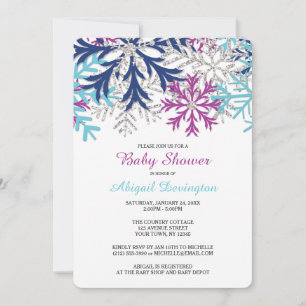 Turquoise Navy Orchid Snowflakes Baby Shower Invitation