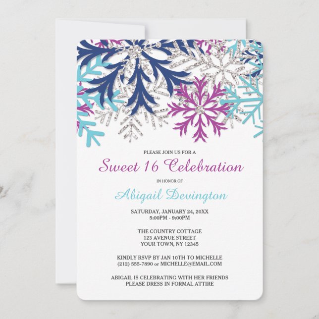 Turquoise Navy Orchid Snowflakes Sweet 16 Invitation (Front)