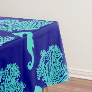 Turquoise Navy Seahorse Coastal Pattern Tablecloth