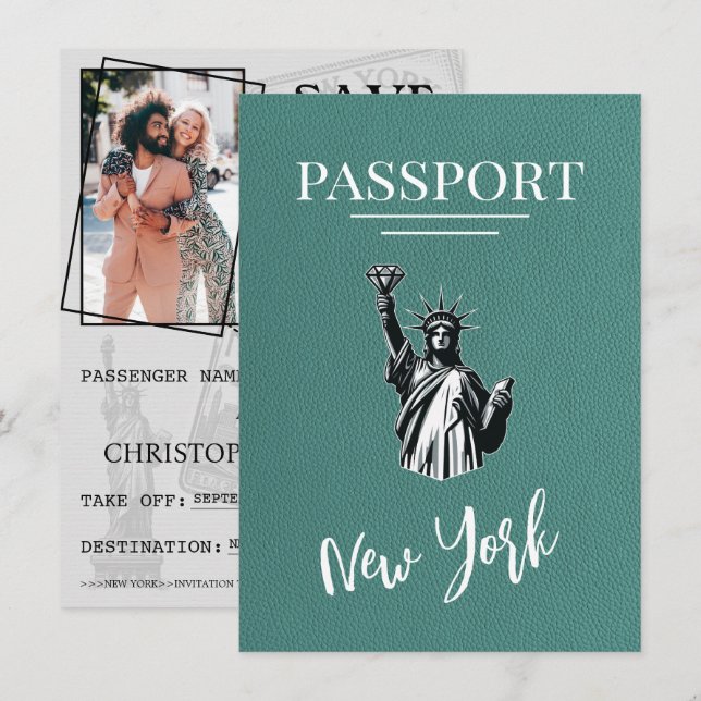 Turquoise New York City Passport Save The Date (Front/Back)